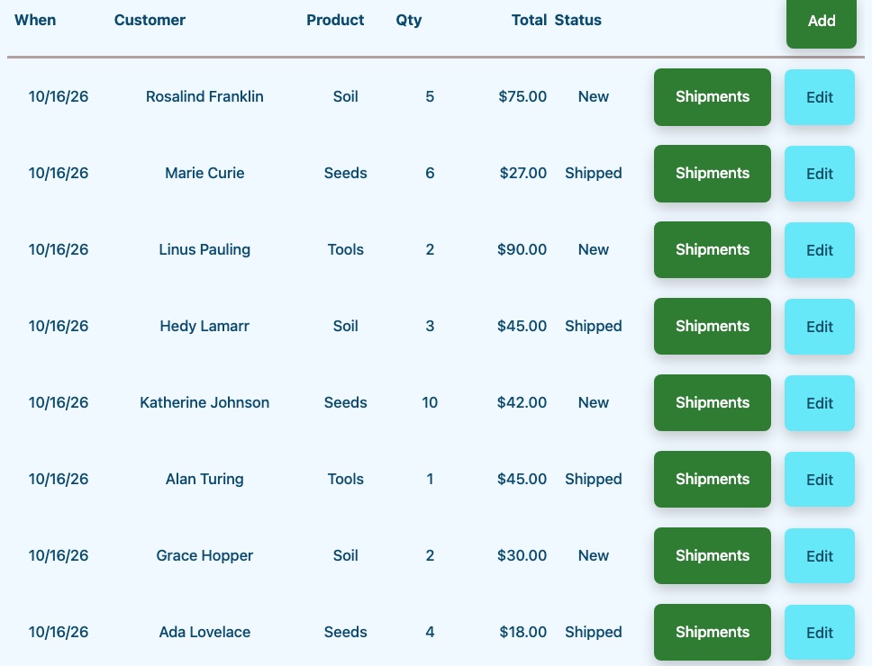An orders report with columns, dates and buttons